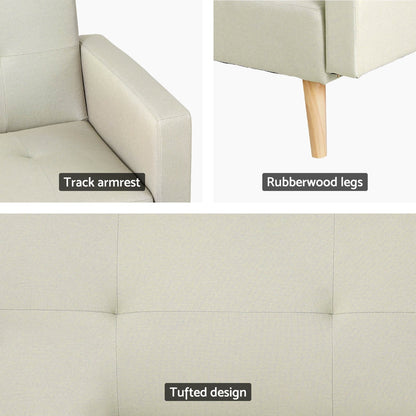 Artiss Sofa Bed Lounge Convertible Ottoman Couch Recliner 3 Seater Fabric Beige - Furniture > Sofas > Sofas & Sofa Beds