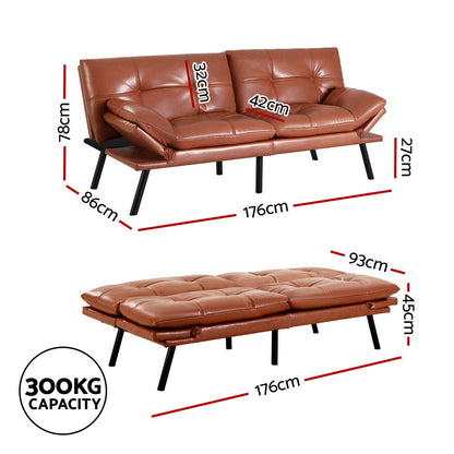 Artiss Sofa Bed Convertible 3 Seater Couch Recliner Lounge Chair Leather Brown - Furniture > Sofas > Sofas & Sofa Beds