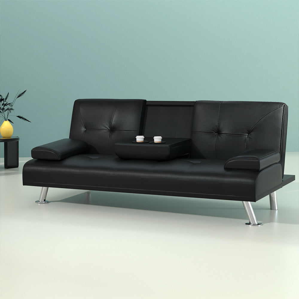 Artiss Sofa Bed Lounge Convertible Leather Couch Bed 3 Seater Cupholder Recliner Furniture > Sofas > Sofas & Sofa Beds