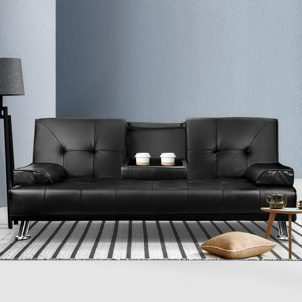 Artiss Sofa Bed Lounge Convertible Leather Couch Bed 3 Seater Cupholder Recliner Furniture > Sofas > Sofas & Sofa Beds