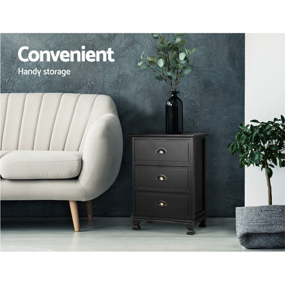 Artiss Bedside Table 3 Drawers Vintage - THYME Black - Furniture > Bedroom > Bedside Tables