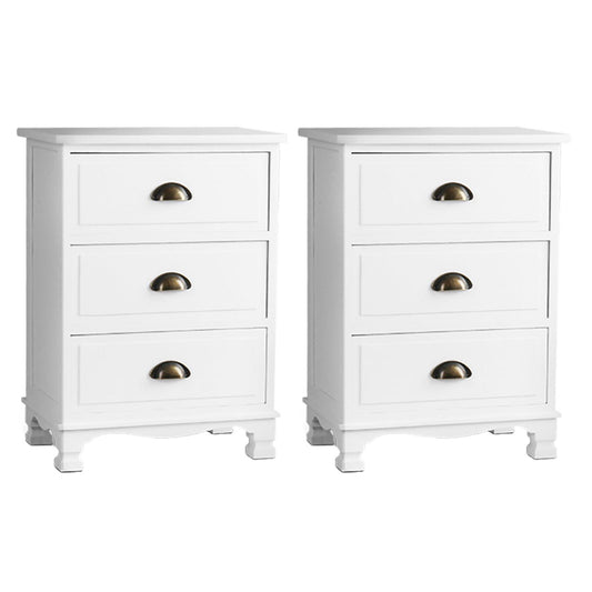 Artiss 2x Bedside Table 3 Drawers Vintage THYME White Furniture > Bedroom > Bedside Tables