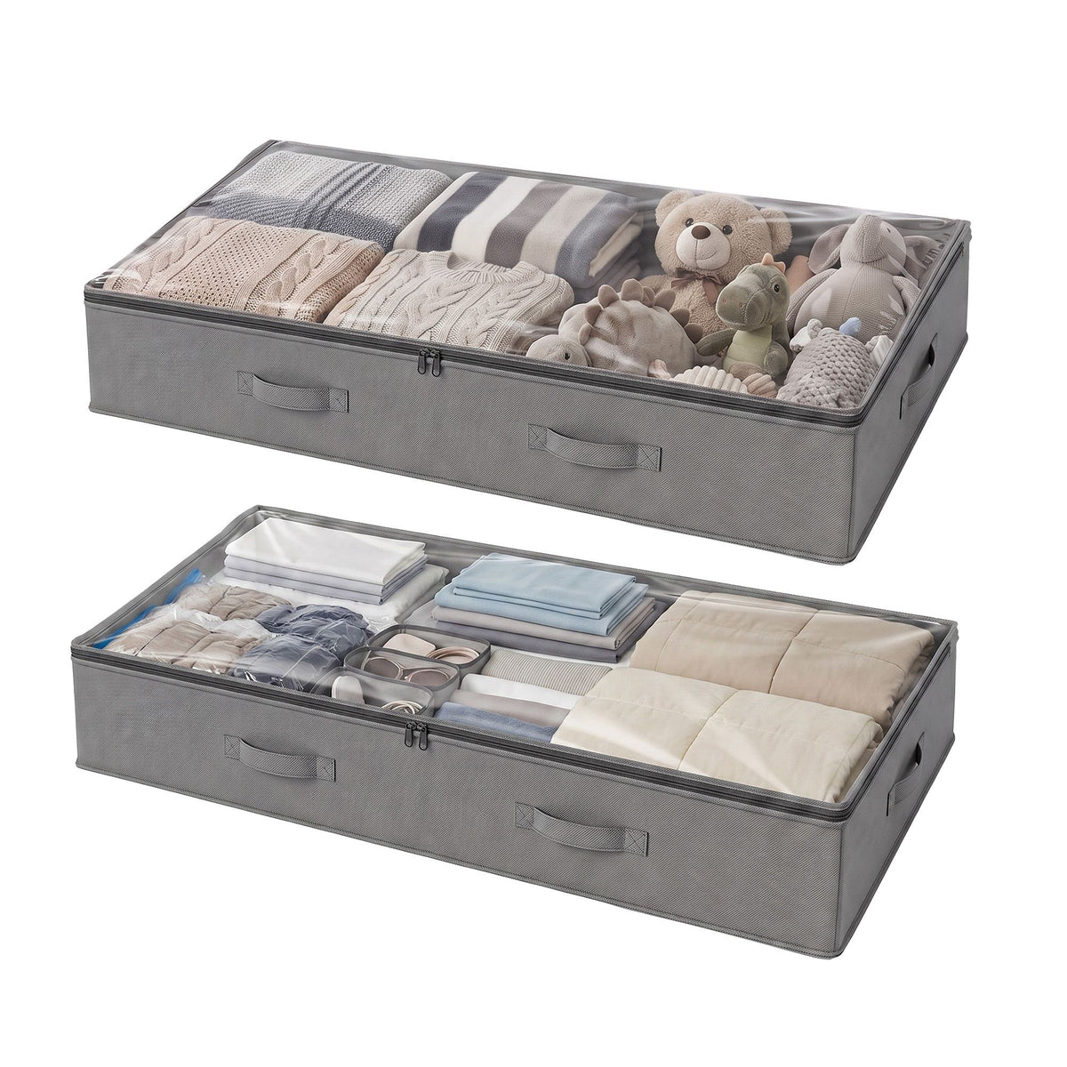 Under Bed Storage Containers X2 90L Boxes Organiser Clear Top Fabric Grey