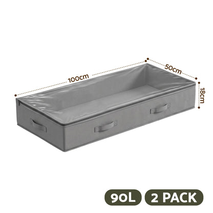Under Bed Storage Containers X2 90L Boxes Organiser Clear Top Fabric Grey