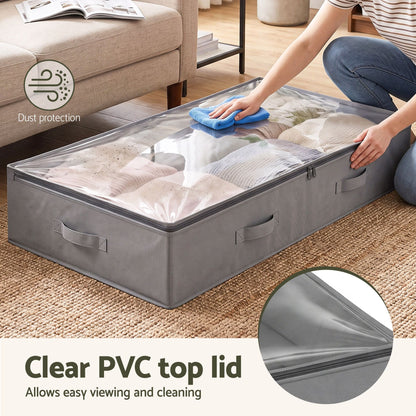Under Bed Storage Containers X2 90L Boxes Organiser Clear Top Fabric Grey