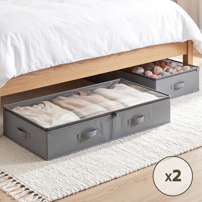 Under Bed Storage Containers X2 90L Boxes Organiser Clear Top Fabric Grey