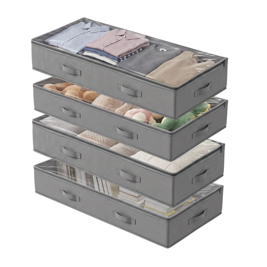 Under Bed Storage Containers X4 90L Boxes Organiser Clear Top Fabric Grey