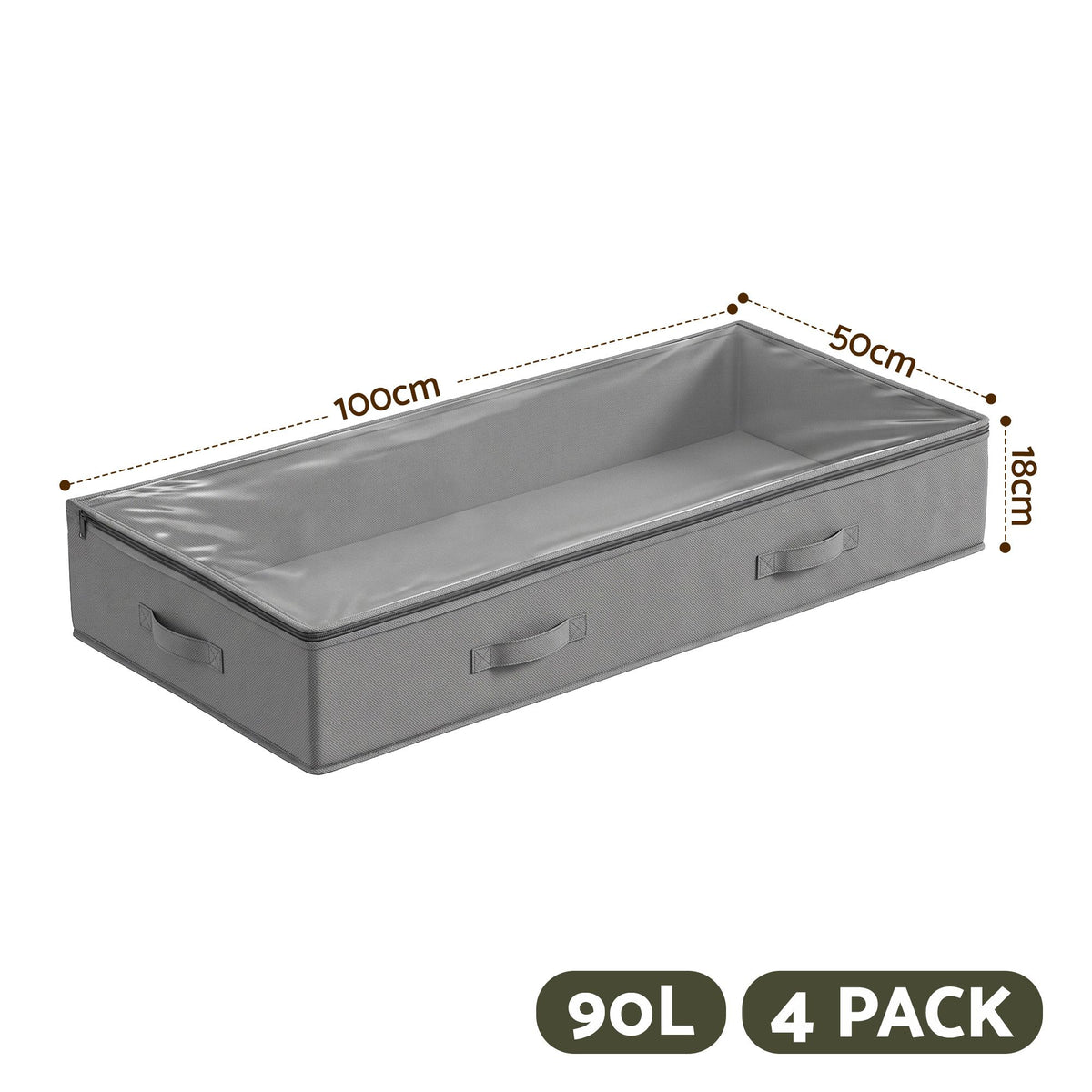 Under Bed Storage Containers X4 90L Boxes Organiser Clear Top Fabric Grey