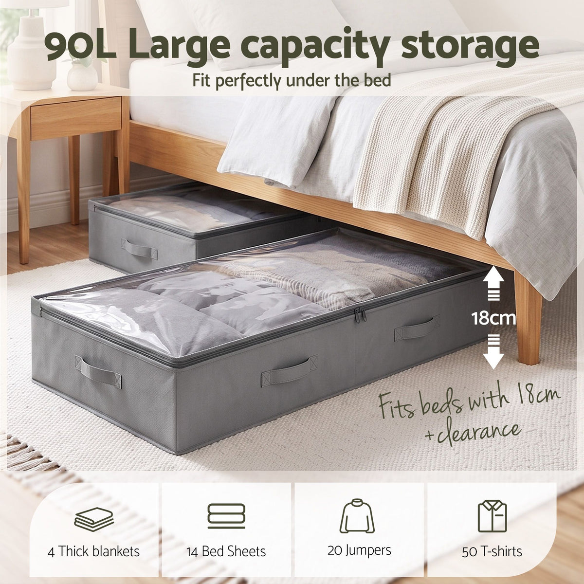 Under Bed Storage Containers X4 90L Boxes Organiser Clear Top Fabric Grey