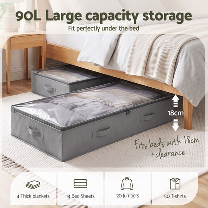Under Bed Storage Containers X4 90L Boxes Organiser Clear Top Fabric Grey