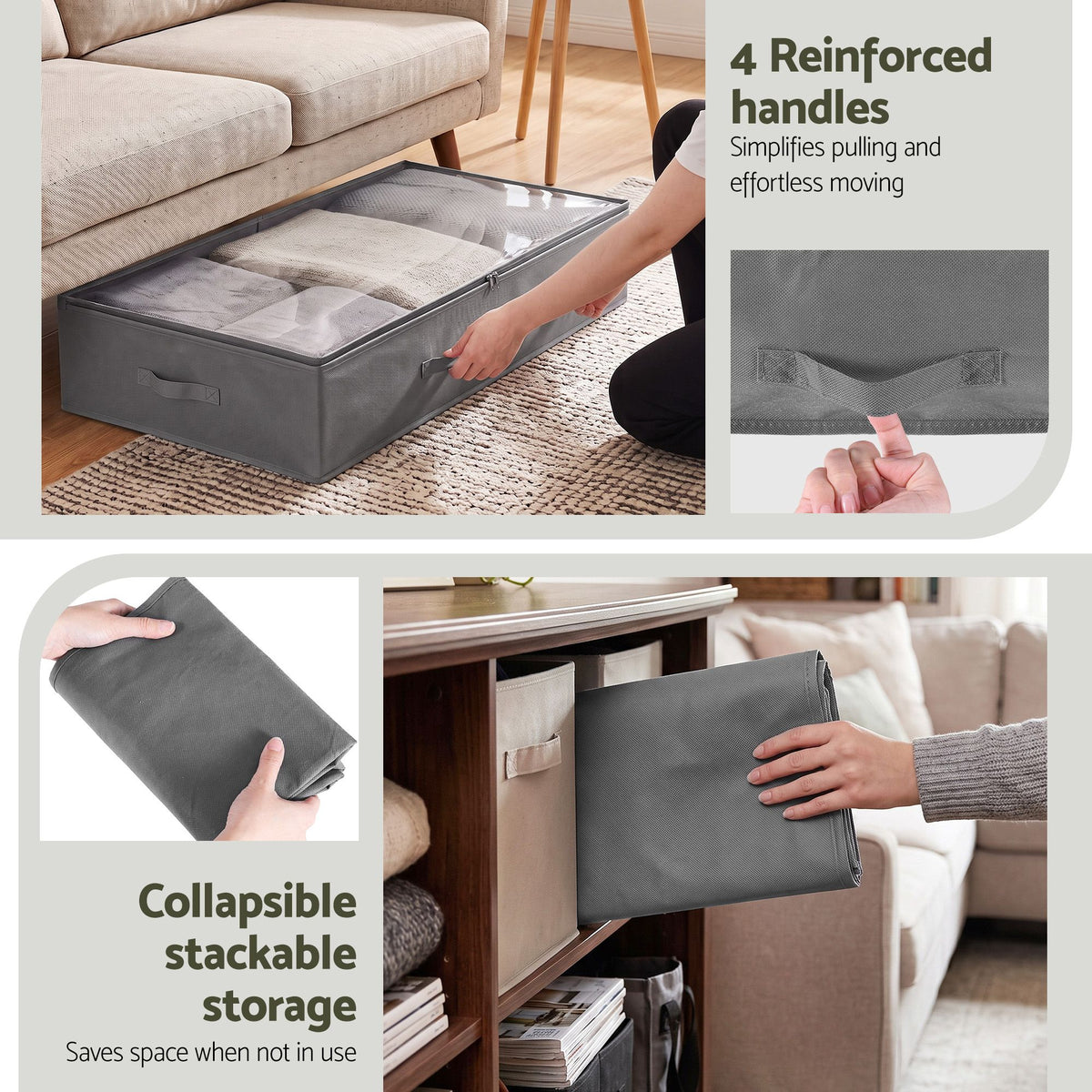 Under Bed Storage Containers X4 90L Boxes Organiser Clear Top Fabric Grey