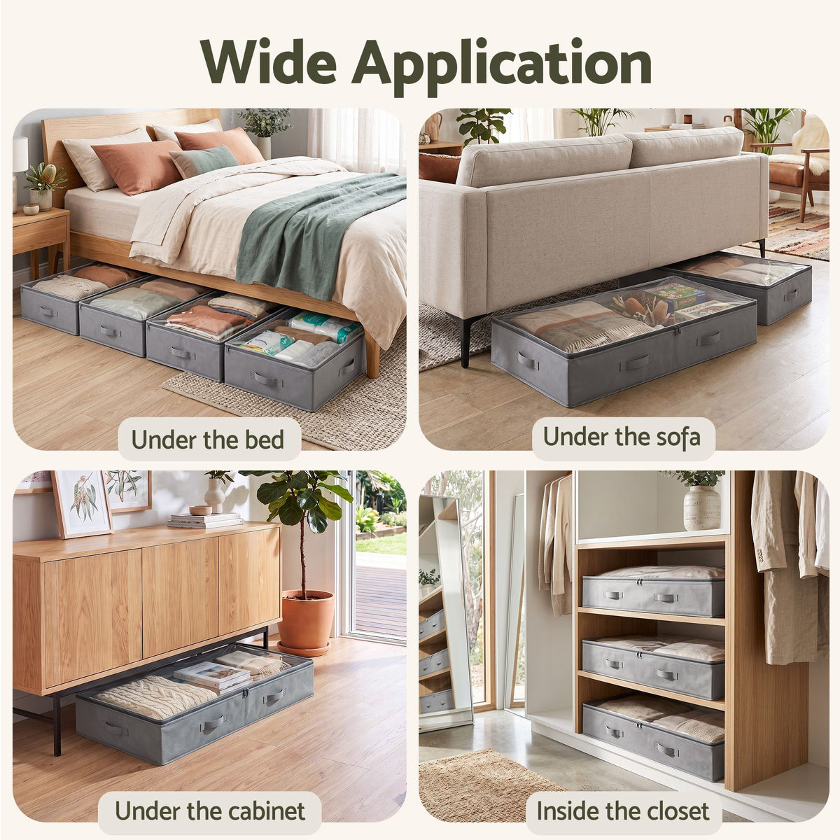Under Bed Storage Containers X4 90L Boxes Organiser Clear Top Fabric Grey