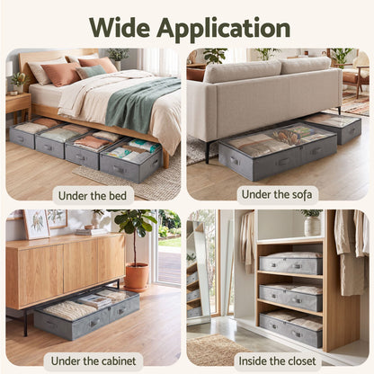 Under Bed Storage Containers X4 90L Boxes Organiser Clear Top Fabric Grey