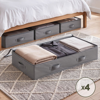 Under Bed Storage Containers X4 90L Boxes Organiser Clear Top Fabric Grey