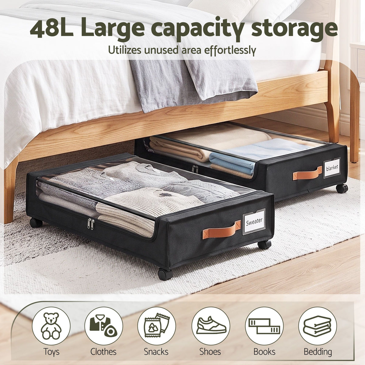2X Under Bed Storage Containers 48L Clothes Organiser Wheels Oxford Black