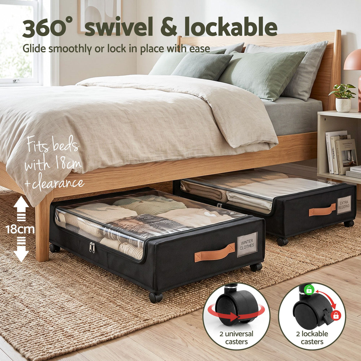 2X Under Bed Storage Containers 48L Clothes Organiser Wheels Oxford Black