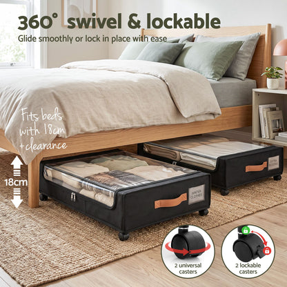 2X Under Bed Storage Containers 48L Clothes Organiser Wheels Oxford Black
