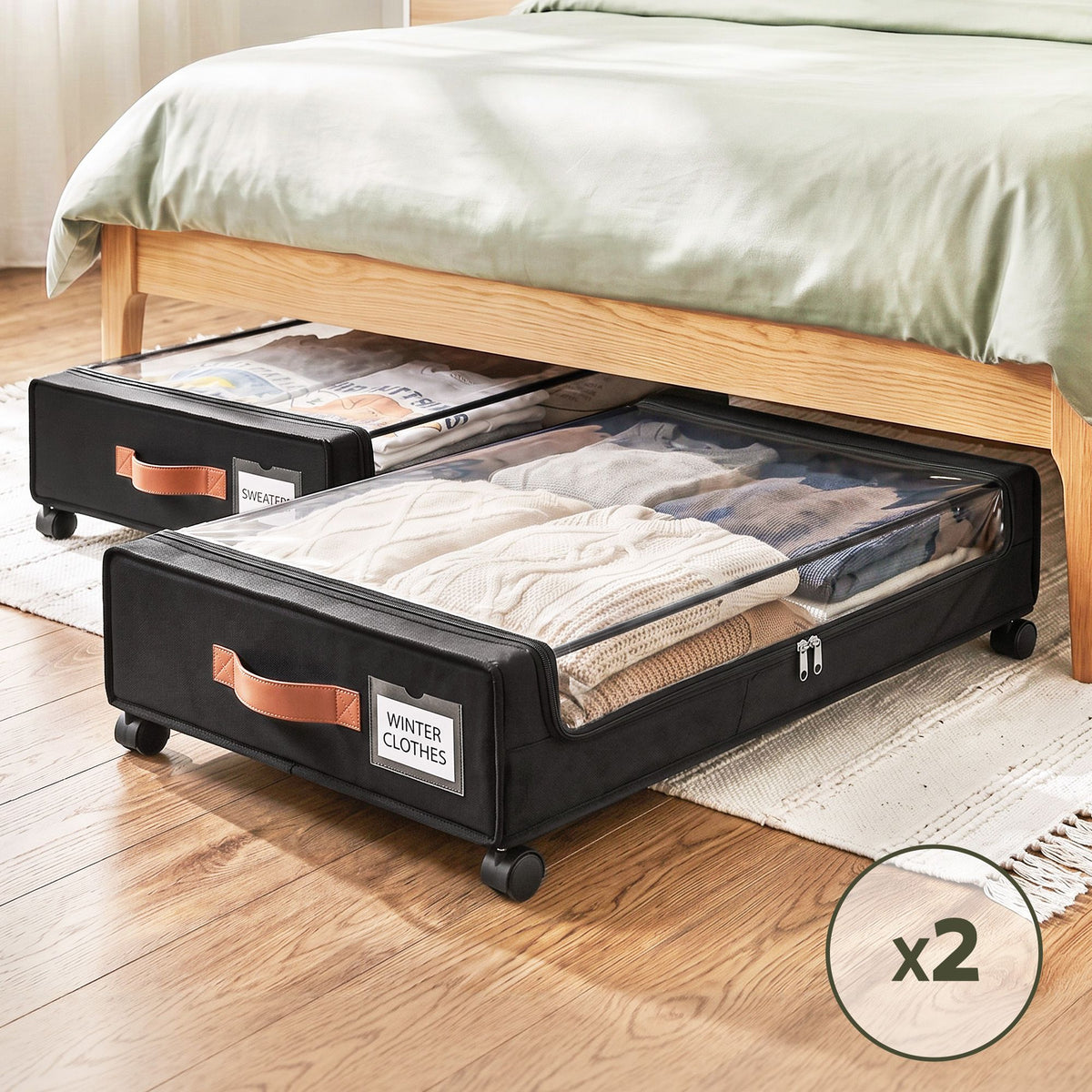 2X Under Bed Storage Containers 48L Clothes Organiser Wheels Oxford Black