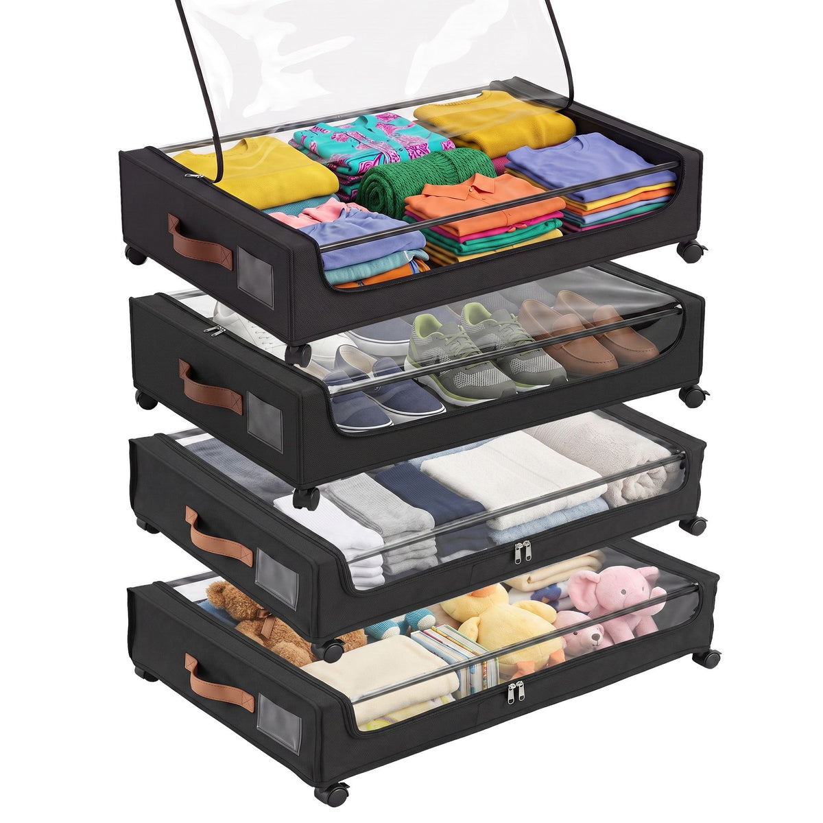 4X Under Bed Storage Containers 48L Clothes Organiser Wheels Oxford Black