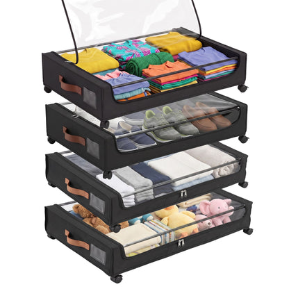 4X Under Bed Storage Containers 48L Clothes Organiser Wheels Oxford Black