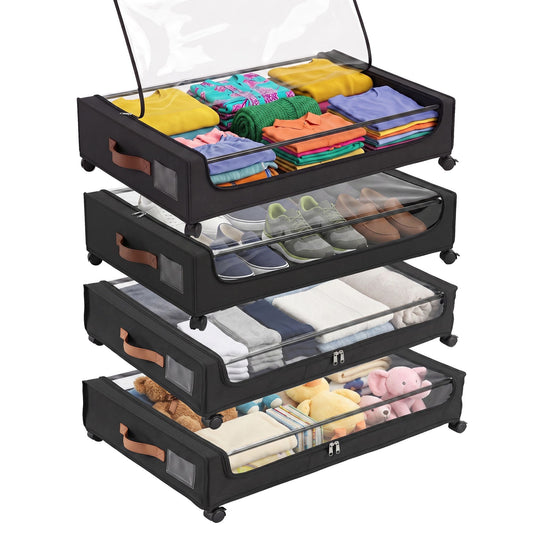 4X Under Bed Storage Containers 48L Clothes Organiser Wheels Oxford Black