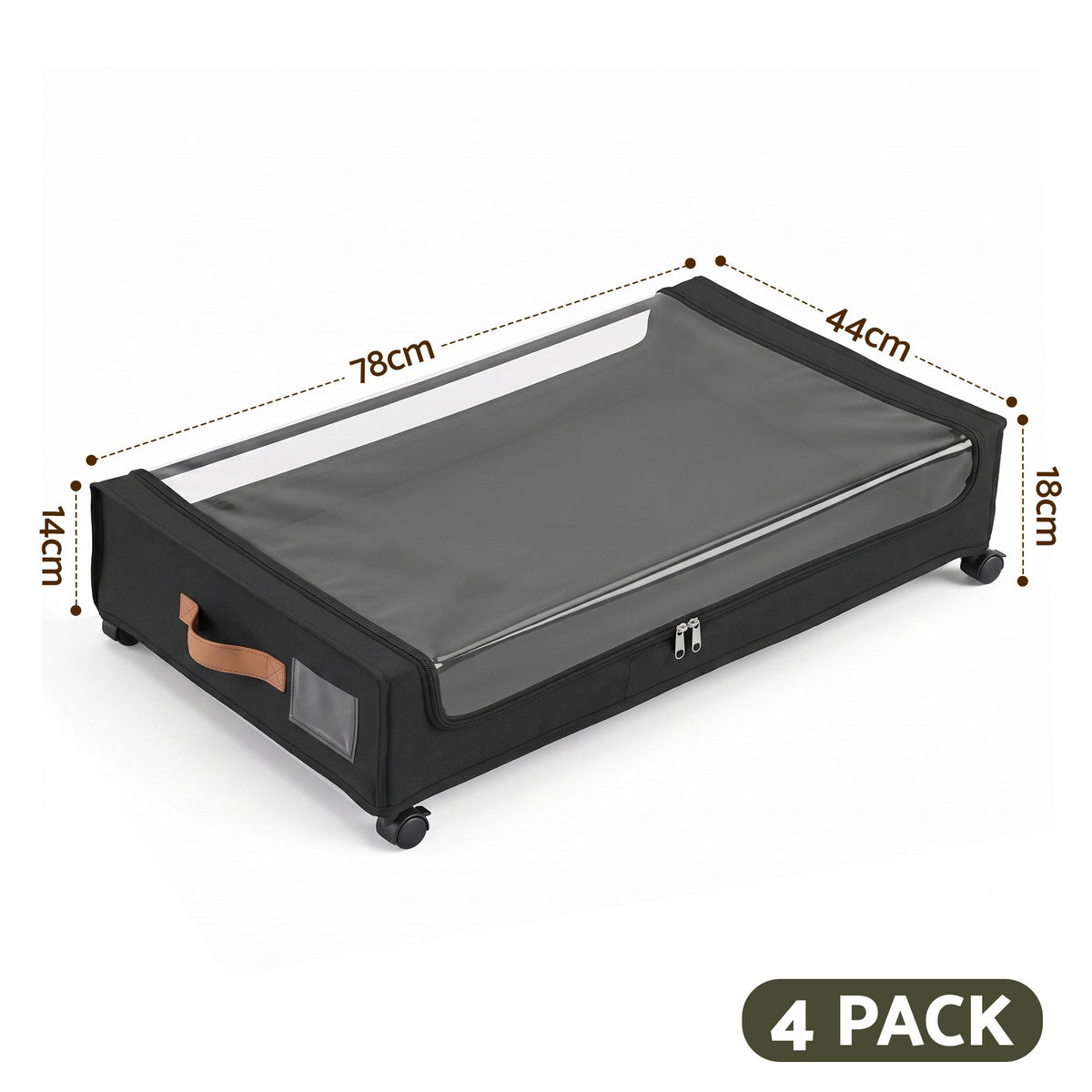 4X Under Bed Storage Containers 48L Clothes Organiser Wheels Oxford Black