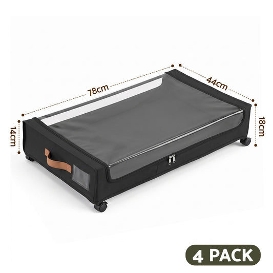 4X Under Bed Storage Containers 48L Clothes Organiser Wheels Oxford Black