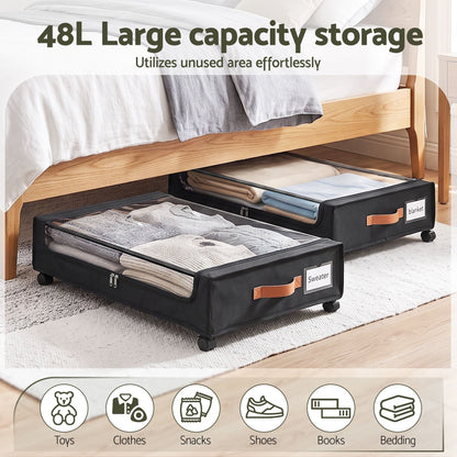 4X Under Bed Storage Containers 48L Clothes Organiser Wheels Oxford Black