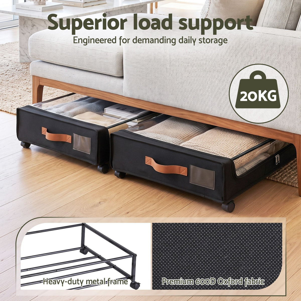 4X Under Bed Storage Containers 48L Clothes Organiser Wheels Oxford Black