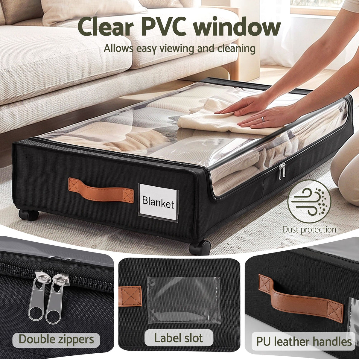 4X Under Bed Storage Containers 48L Clothes Organiser Wheels Oxford Black