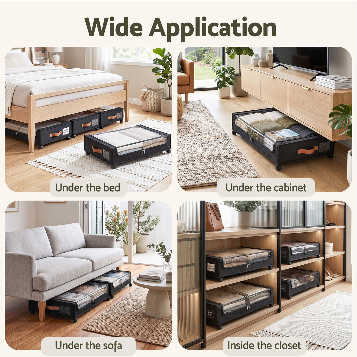 4X Under Bed Storage Containers 48L Clothes Organiser Wheels Oxford Black