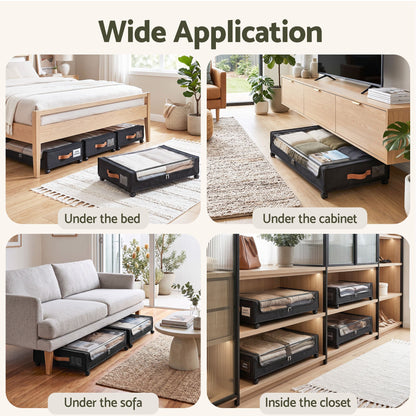 4X Under Bed Storage Containers 48L Clothes Organiser Wheels Oxford Black