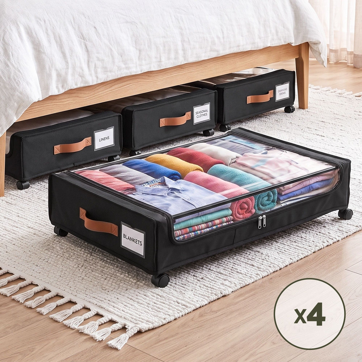 4X Under Bed Storage Containers 48L Clothes Organiser Wheels Oxford Black