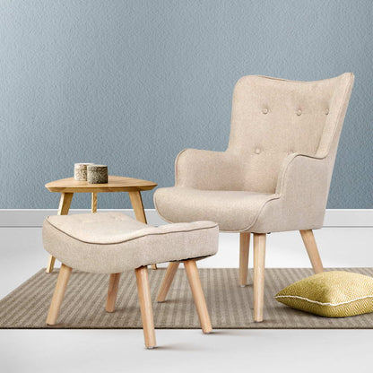 Artiss Armchair Set with Ottoman Beige Lansar - Furniture > Bar Stools & Chairs > Arm Chairs & Recliners