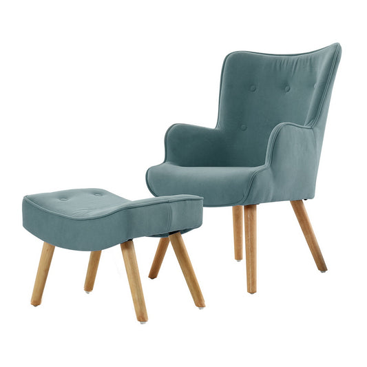 Artiss Armchair Set with Ottoman Blue Lansar - Furniture > Bar Stools & Chairs > Arm Chairs & Recliners