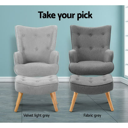 Artiss Armchair Set with Ottoman Grey Lansar - Furniture > Bar Stools & Chairs > Arm Chairs & Recliners