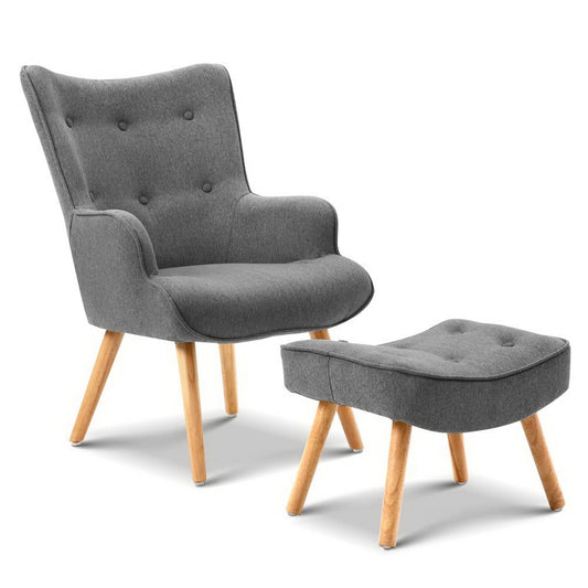 Artiss Armchair Set with Ottoman Grey Lansar - Furniture > Bar Stools & Chairs > Arm Chairs & Recliners