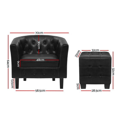 Artiss Armchair Set with Ottoman Black Ava - Furniture > Bar Stools & Chairs > Arm Chairs & Recliners