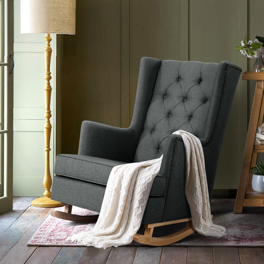 Artiss Rocking Chair Armchair Linen Fabric Charcoal Gaia Furniture > Bar Stools & Chairs > Arm Chairs & Recliners