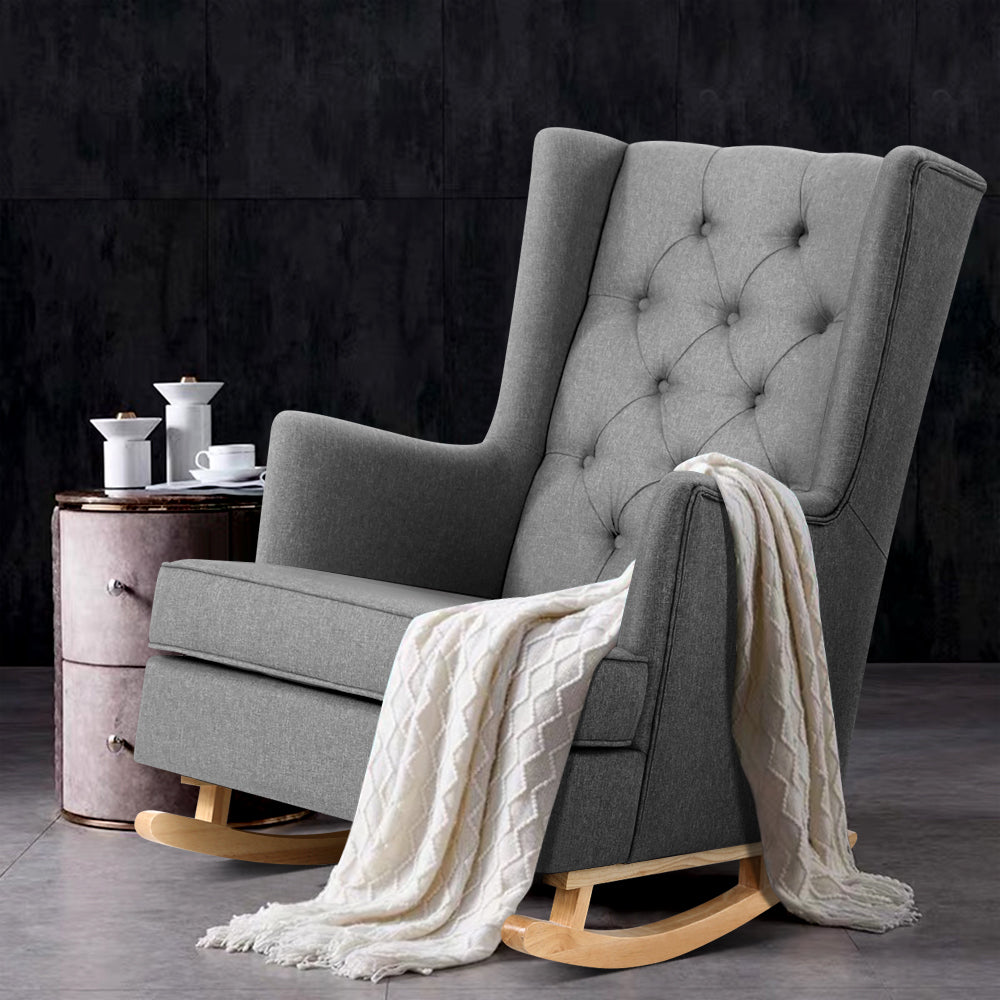 Artiss Rocking Chair Armchair Linen Fabric Grey Gaia - Furniture > Bar Stools & Chairs > Arm Chairs & Recliners