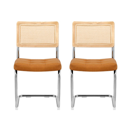 Dining Chairs Set of 2 PU Leather Rattan Cantilever Brown