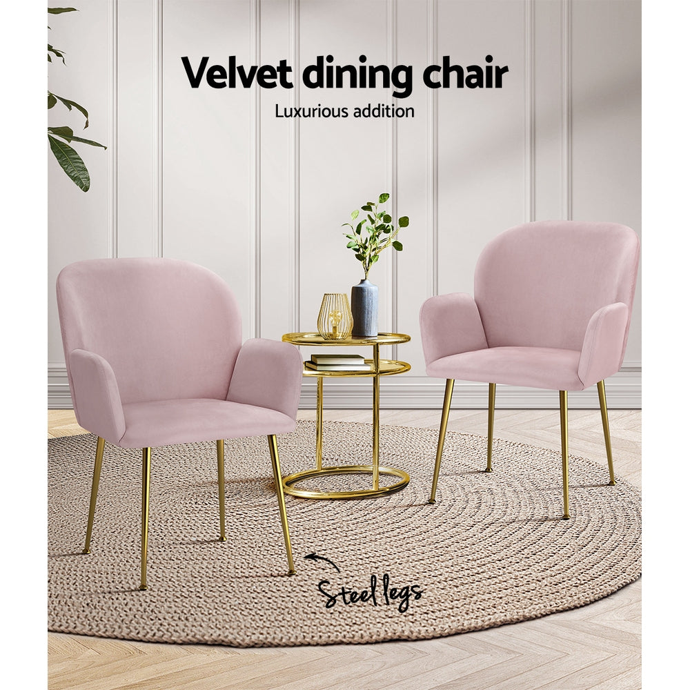Artiss Dining Chairs Set of 2 Velvet Armchair Pink - Furniture > Dining > Dining Set