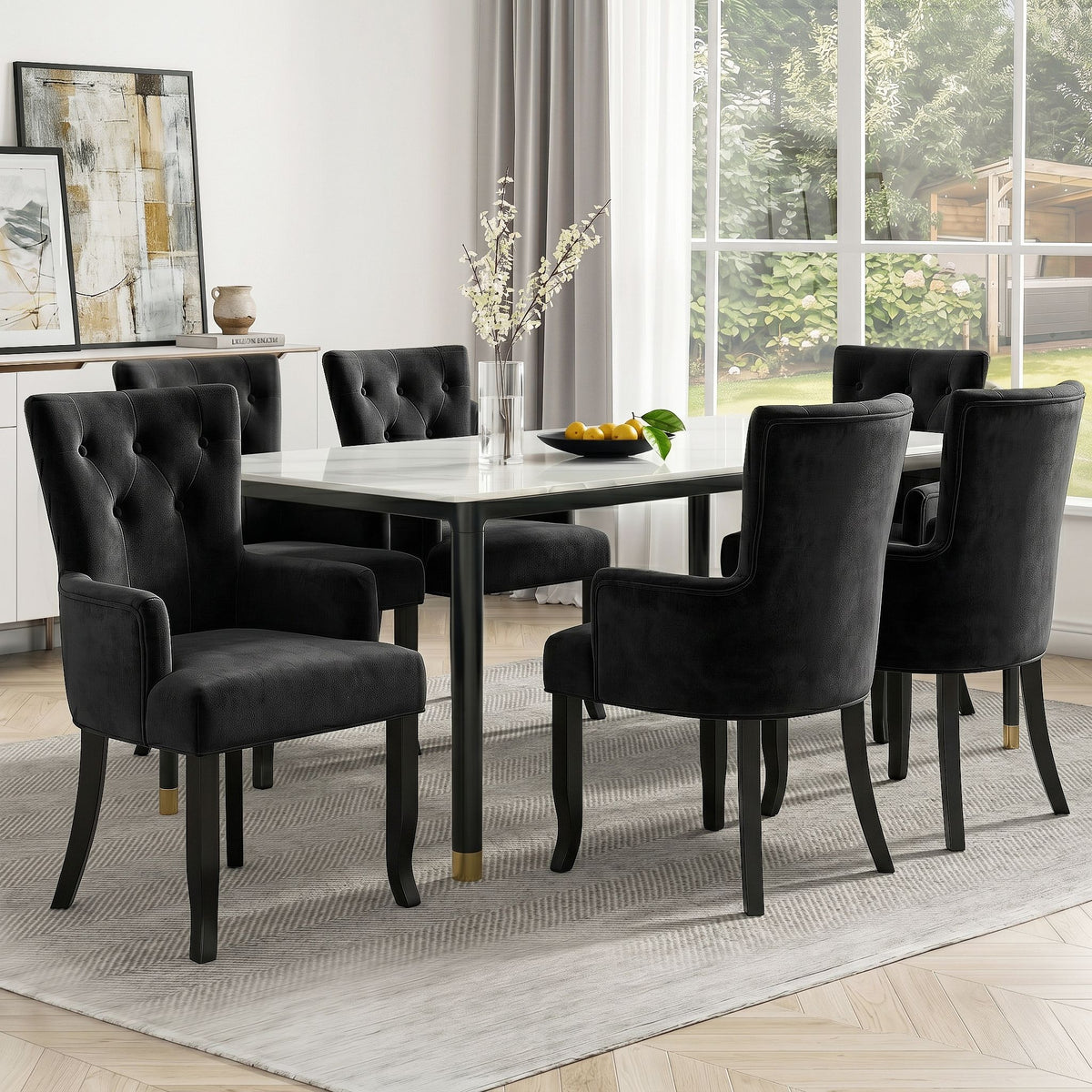 French Provincial Velvet Dining Chairs Set of 6 - Black