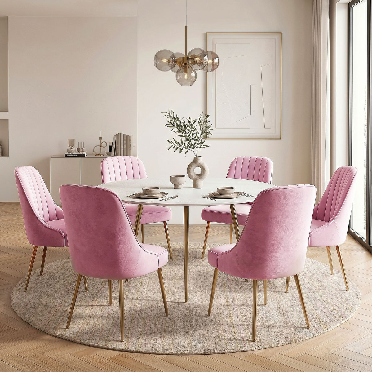 Dining Chairs Set of 6 Pink Velvet Channel Tufted