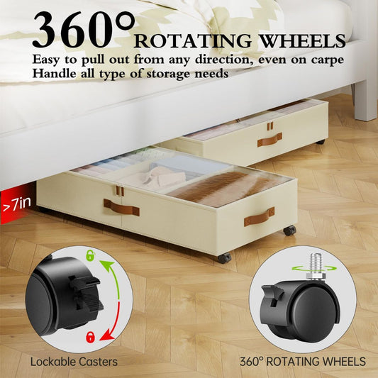 2 Pack Under Bed Storage with Wheels, Under Bed Storage Containers with Adjustable Dividers & Clear Lid, Rolling Underbed Organizer Bins Drawer for Clothes, Shoes, Blankets - Beige - Size 30.3 x 16 x 6.7 inches