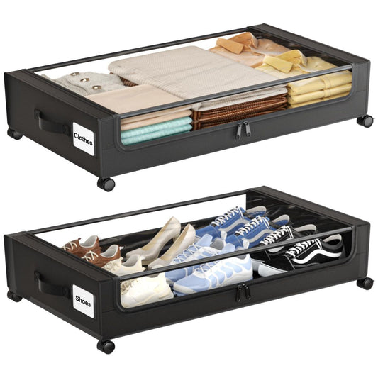 Under Bed Storage with Wheels,XXL 60L Under Bed Storage Containers with Clear Lids, Rolling Under Bed Metal Drawer for Clothes, Shoes,Toys - Black - Size 60L