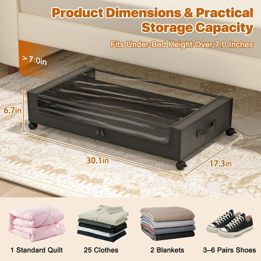 Under Bed Storage with Wheels,XXL 60L Under Bed Storage Containers with Clear Lids, Rolling Under Bed Metal Drawer for Clothes, Shoes,Toys - Black - Size 60L