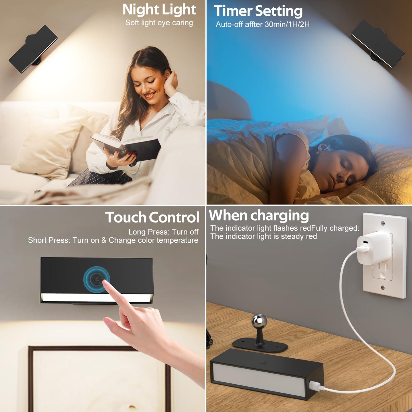 LED Wall Lights 2 Pack with Remote,Wall Sconces Lamp 3000mAh Rechargeable Battery Operated,3 Color Temperatures & 12 RGB Dimmable Magnetic 360° Rotation Cordless Light (Black)