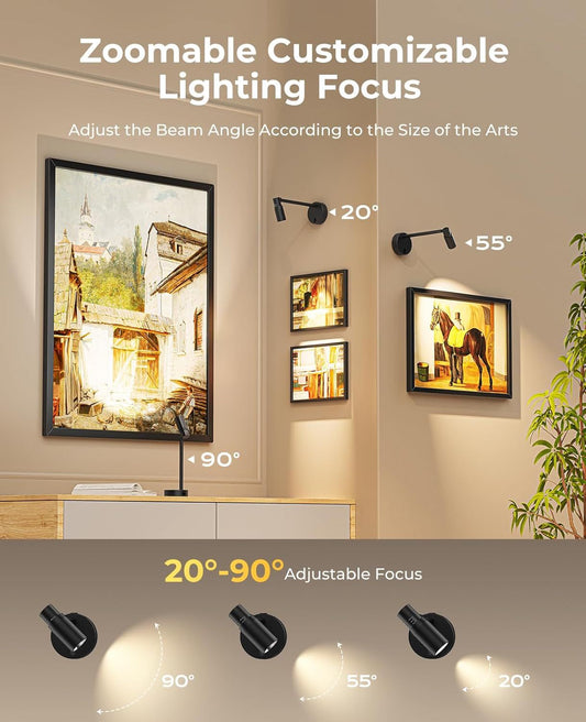 Zoomable Picture Light for Wall, Battery Operated Art Light for Paintings CCT Dimmable Spotlight for Wall Art Wall Light with Remote Control for Living Room Gallery Dartboard Bathroom