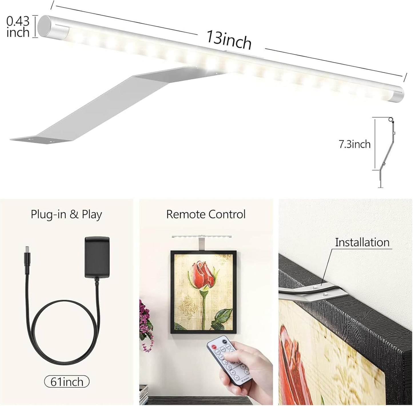 Picture Lights for Wall Plug in or Hardwired,3000K Warm White Dart Board Lights with Remote,13.5inches Silver LED Art Light Dimmbare mit Timer for Gallery Paintings Picture Dartboard